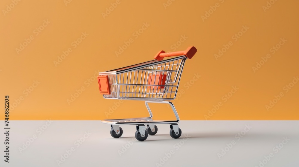 A shopping cart with plain background, e-commerce shopping concept, copy space