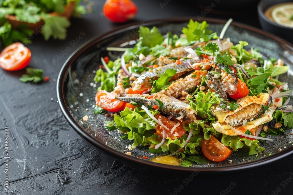 Spicy Thai sardine salad with omelet on a plate Spicy Thai sardine salad with omelet on a plate