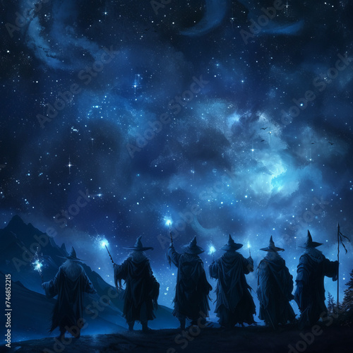 Enchanted Night: Wizards Conjuring Under Starlit Sky, A group of wizards casting spells under a starry night sky, their wands aglow 