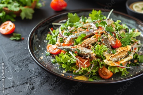 Spicy Thai sardine salad with omelet on a plate