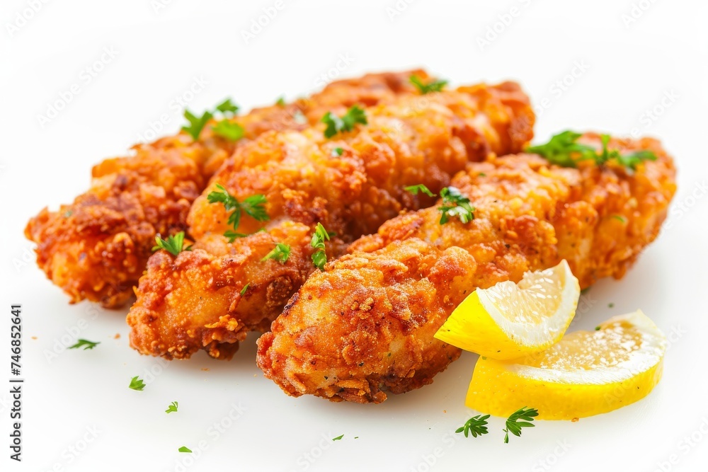 Succulent fried cutlets alone on white backdrop Succulent fried cutlets alone on white backdrop