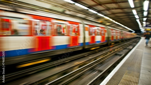 Subway train speeds through underground tunnel with dynamic motion blur, transportation concept.