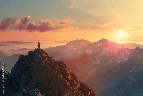 Sunset mountain photo with man illustrating goals and achievements concept photo