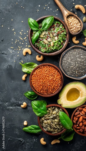 Assorted healthy fats food selection with avocado, nuts, seeds, and olive oil on wooden background
