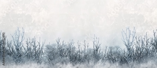 A painting depicting trees shrouded in mist within a winter forest. The fog creates a sense of mystery and intimacy as the trees loom through the haze.