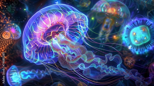 Enchanting Dance Ocean Jellyfish, vibrant colors ethereal patterns creating harmonious display