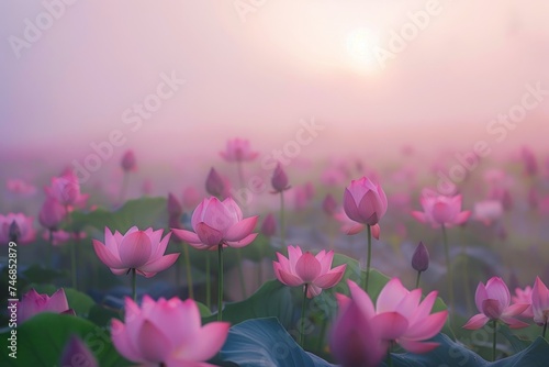 Thailand s Udon Thani features a stunning red lotus sea with a beautiful landscape and foggy background in the morning