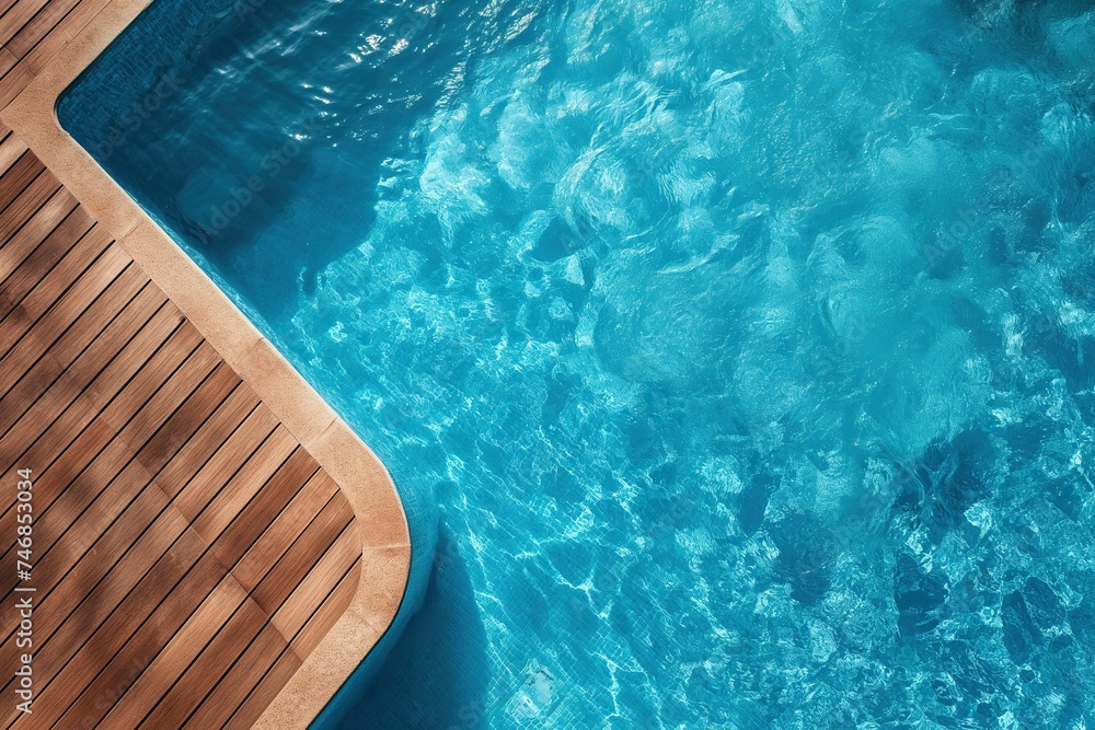 a swimming pool with an adjacent wooden deck. The deck provides a space for relaxatio