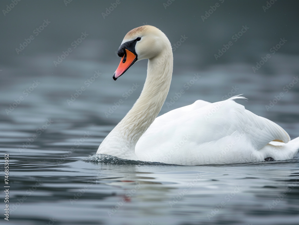 Fototapeta premium The adult mute swan gracefully glides through calm waters with its red beak