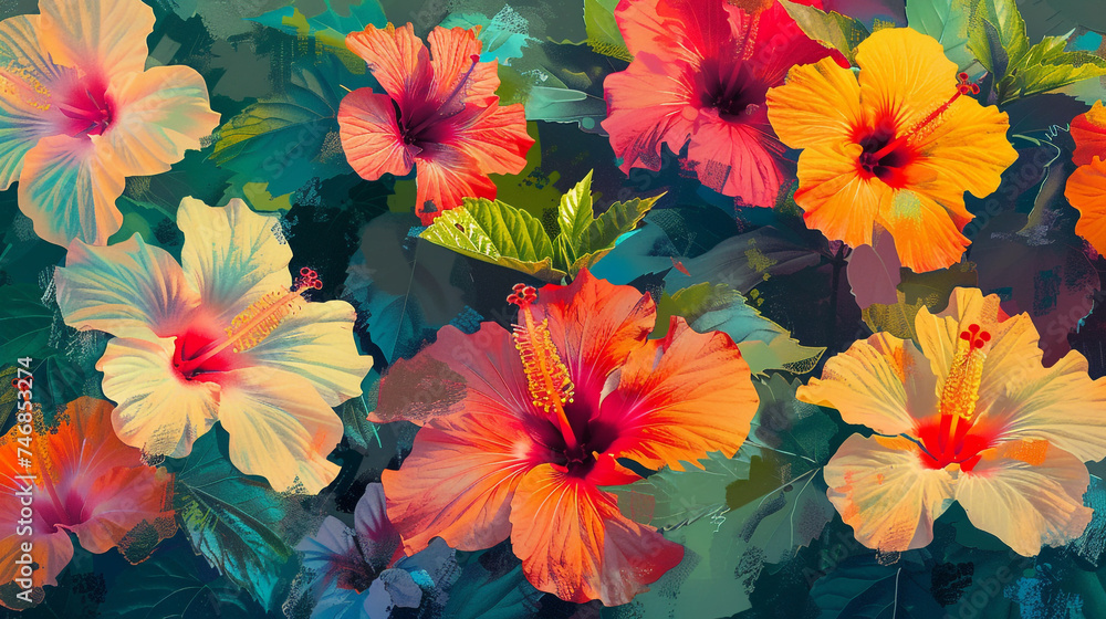 Poster design shows lots of vibrant hibiscus in various colors. In the style of pattern-based painting. Poster design shows lots of vibrant hibiscus in various colors. In the style of pattern-based painting.