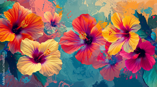 Poster design shows lots of vibrant hibiscus in various colors. In the style of pattern-based painting. 