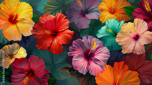 Poster design shows lots of vibrant hibiscus in various colors. In the style of pattern-based painting. 