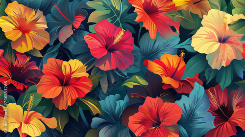 Poster design shows lots of vibrant hibiscus in various colors. In the style of pattern-based painting. 