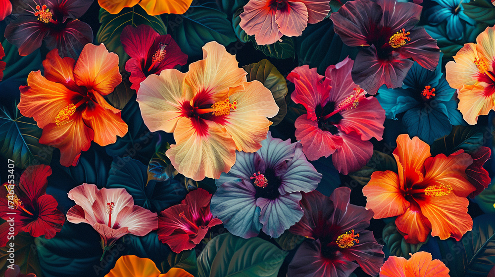 Poster design shows lots of vibrant hibiscus in various colors. In the style of pattern-based painting. Poster design shows lots of vibrant hibiscus in various colors. In the style of pattern-based painting.