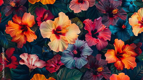 Poster design shows lots of vibrant hibiscus in various colors. In the style of pattern-based painting. 