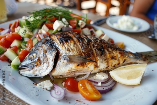 Traditional Greek island fish with salad Crete Europe