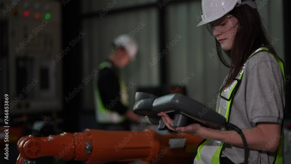 engineers are checking the machine. Heavy Industrial robotic arms welding in a factory. A machine is moving for calibration to operate. High Precision Robot Arms on Fully controlled by the engineer. engineers are checking the machine. Heavy Industrial robotic arms welding in a factory. A machine is moving for calibration to operate. High Precision Robot Arms on Fully controlled by the engineer.