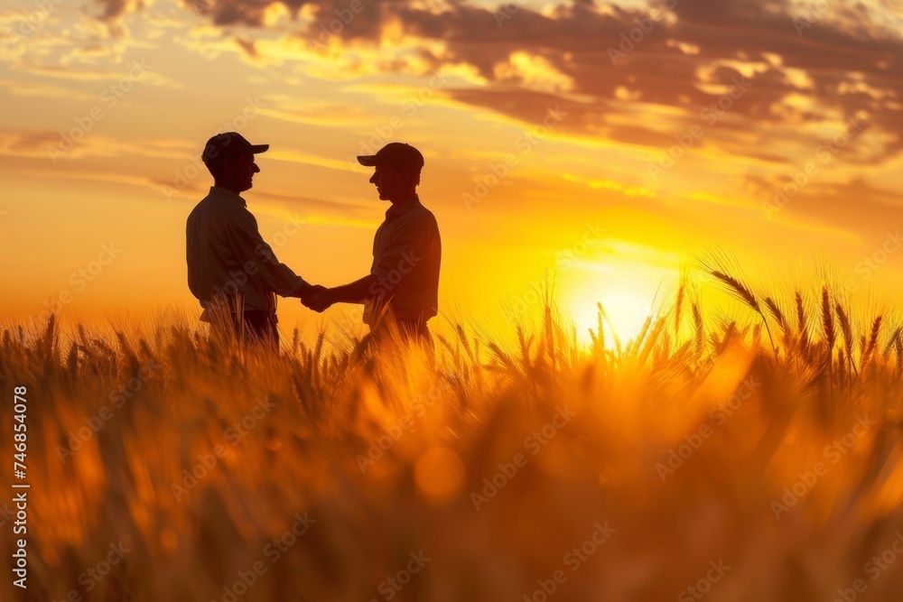 Two farmers agreeing in a wheat field at sunset with a handshake