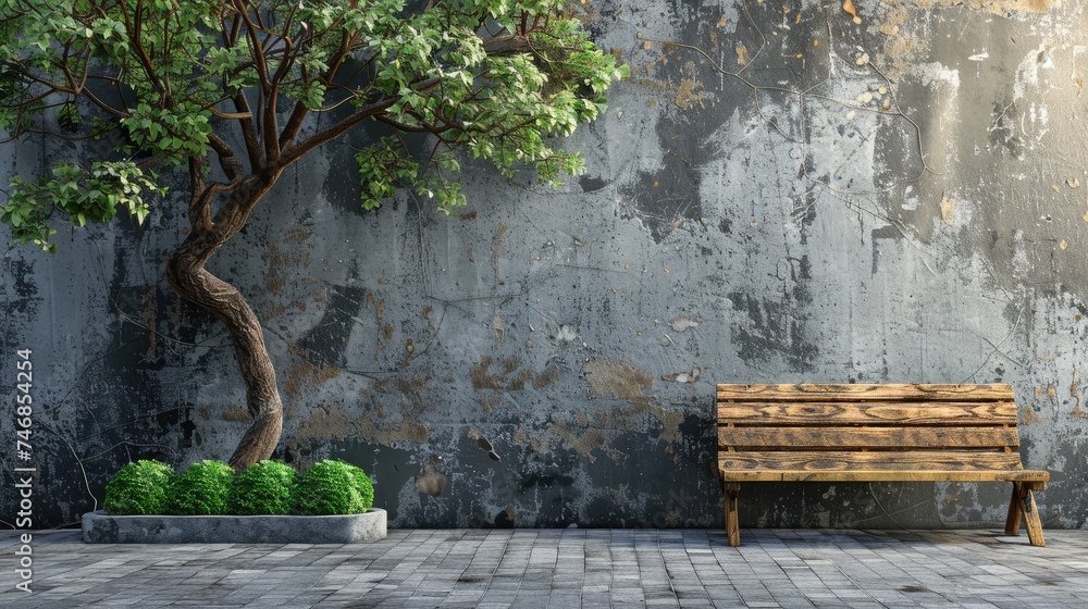 Idea of wooden bench and plants against old wall Idea of wooden bench and plants against old wall
