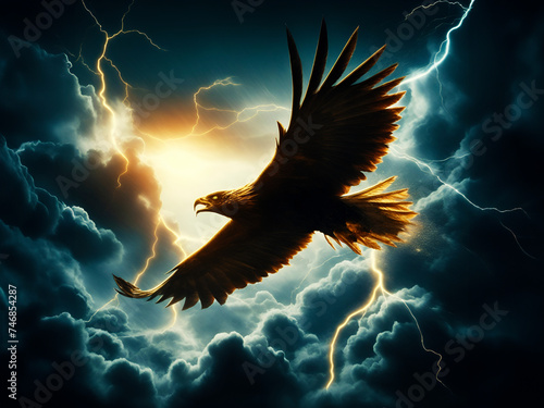 eagle flying in the sky, background is black clouds, thunderbolt and lightning, wall art, wallpaper design
