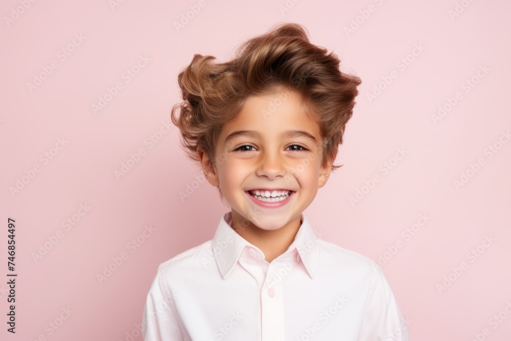 Portrait of a smiling little girl in a white shirt on a pink background Portrait of a smiling little girl in a white shirt on a pink background