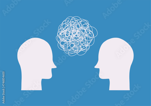Two heads of people with confused thoughts in their heads are talking nonsense. Misunderstanding and gossip concept. Psychology of communication
