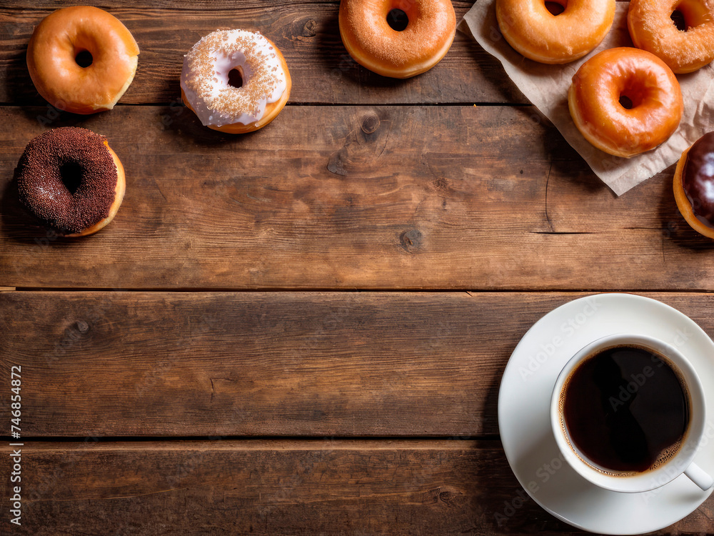 A cup of coffee with tasty donuts on rustic wooden table. Flat lay with copy space for custom text