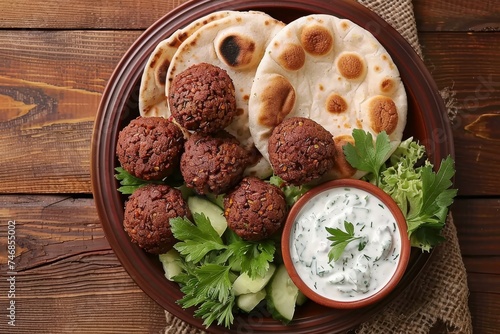 View from above of a platter with falafel pita bread and tzatziki sauce on wooden table © VolumeThings