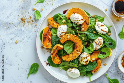 View from above of an easy and healthy recipe chargrilled pumpkin salad with mini mozzarella spinach pumpkin seeds and caramelized balsamic vinegar dressing on