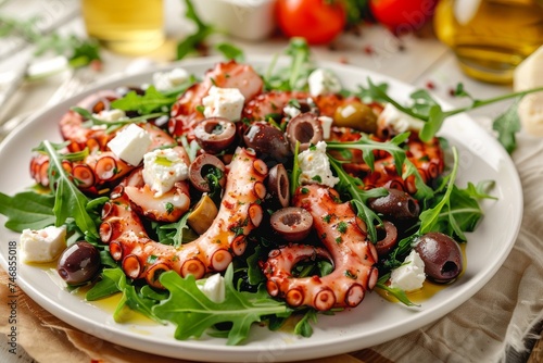 Vintage filtered octopus salad on a white plate with rucola olives and feta cheese