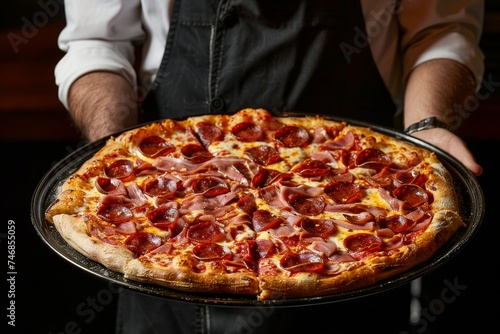 Waiter holding tray of pizzas in restaurant Hot big tasty composition with melted cheese bacon tomatoes ham paprika photo