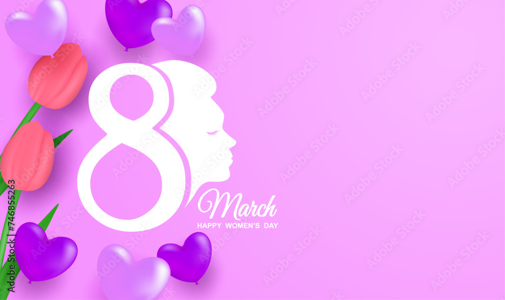 8 march. Happy Woman's Day.  Design with number on purple color background. Vector.