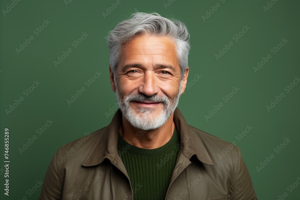 Handsome senior man with grey hair and beard smiling at camera Handsome senior man with grey hair and beard smiling at camera