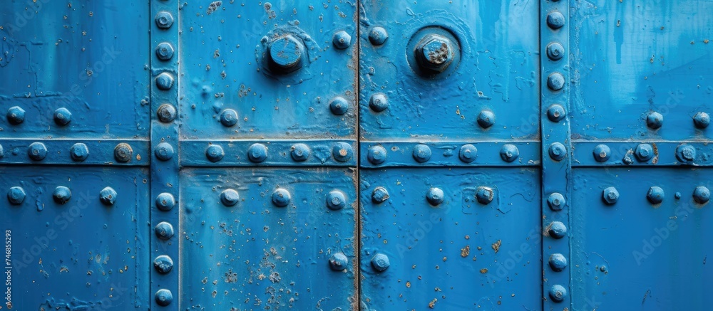Fototapeta premium This image shows a close-up view of a blue sheet metal door with numerous rivets. The rivets are visible, adding a rugged and industrial aesthetic to the door.