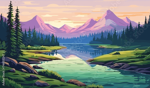 serene landscape beautiful scene evening lake colorful green lush summer mountains forest vector banner illustration