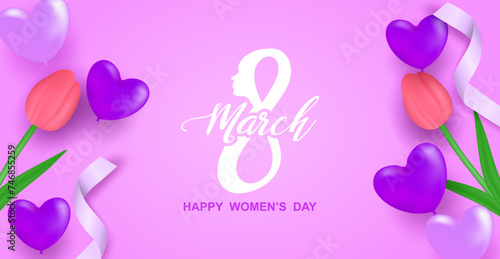 8 march. Happy Woman's Day.  Design with number on purple color background. Vector.