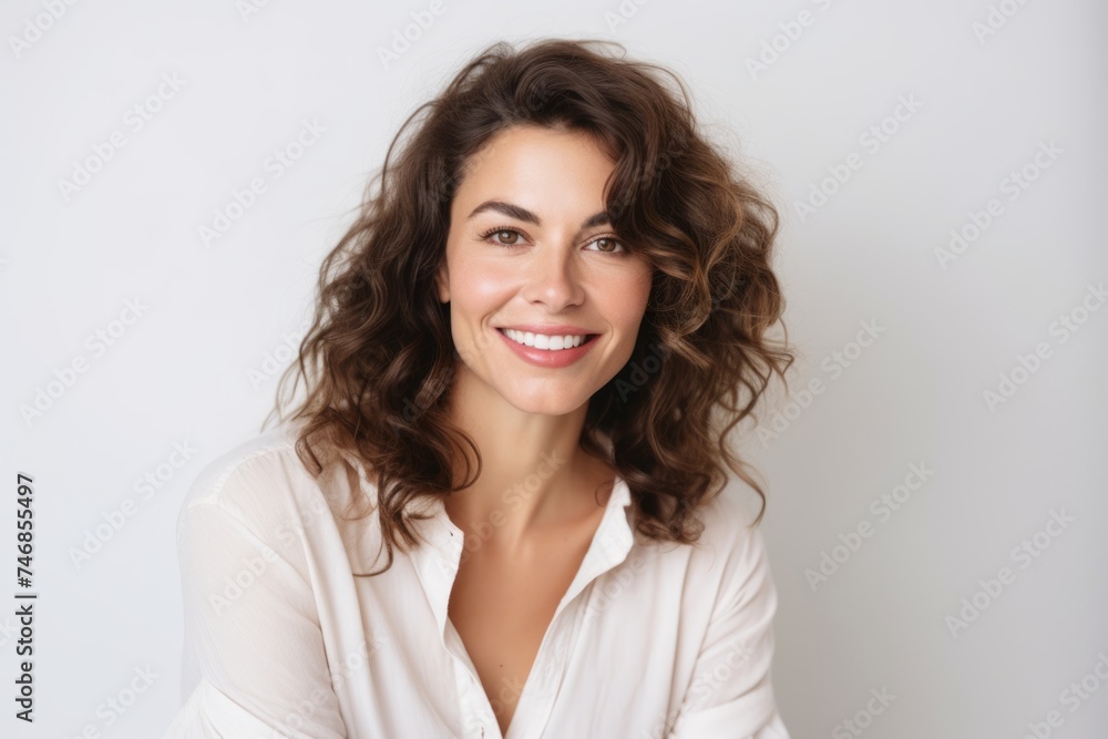 Portrait of a beautiful young woman with curly hair smiling at the camera Portrait of a beautiful young woman with curly hair smiling at the camera