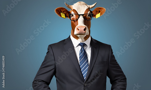 Cow business portrait dressed as a manager or ceo in a formal office business suit with glasses and tie
