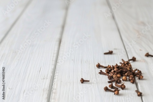 White wooden table with cloves in the background