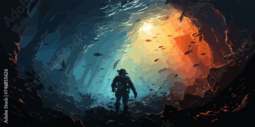 Silhouette of a scuba diver in the underwater world. The diver dives to the depths of the ocean. vector