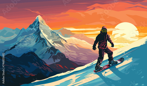 Snowboarding illustration vector landscape sport mountain winter leisure lifestyle concept