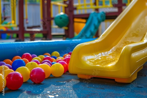 Wallpaper Mural Yellow plastic slider and colorful plastic balls in pool at children s playground Torontodigital.ca