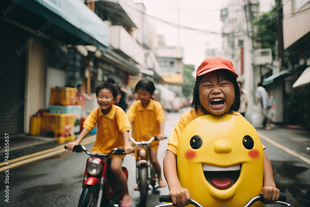 Asian children on Bicycles along Asian Street Asian children on Bicycles along Asian Street