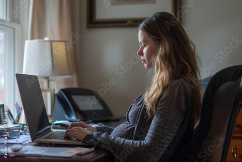 Professional Pregnant White Woman Working on Laptop Working from Home Remote