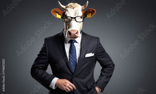 Cow business portrait dressed as a manager or ceo in a formal office business suit with glasses and tie