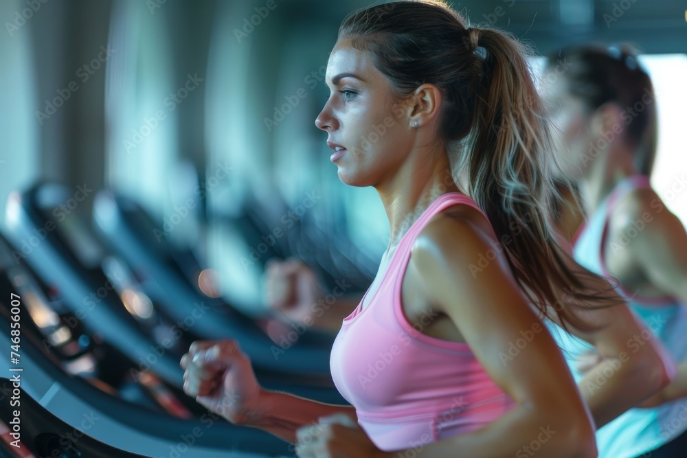 Young individuals exercising on a gym treadmill Young individuals exercising on a gym treadmill