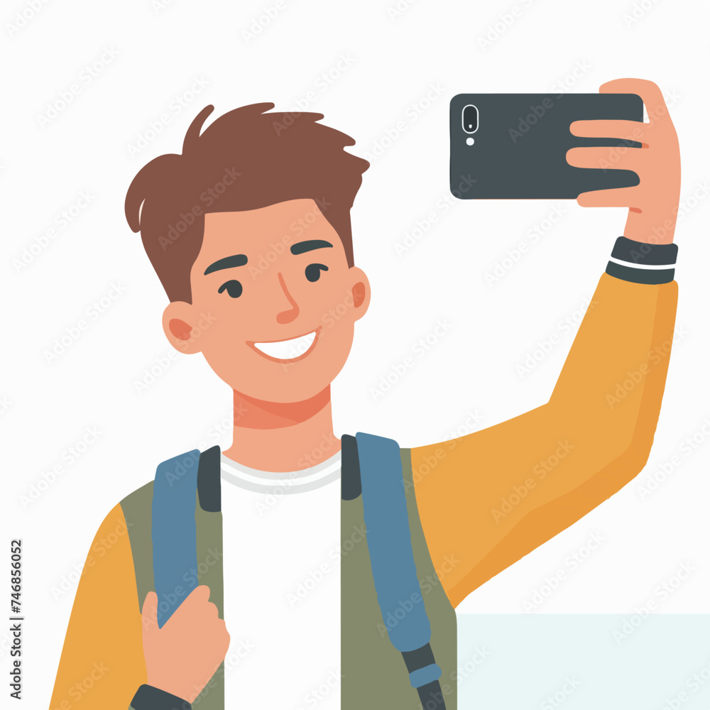 Flat design illustration of a selfie photo. Confident male student takes selfie with smartphone camera