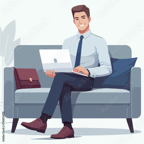 flat design illustrations of working from anywhere. Business man working with laptop on sofa