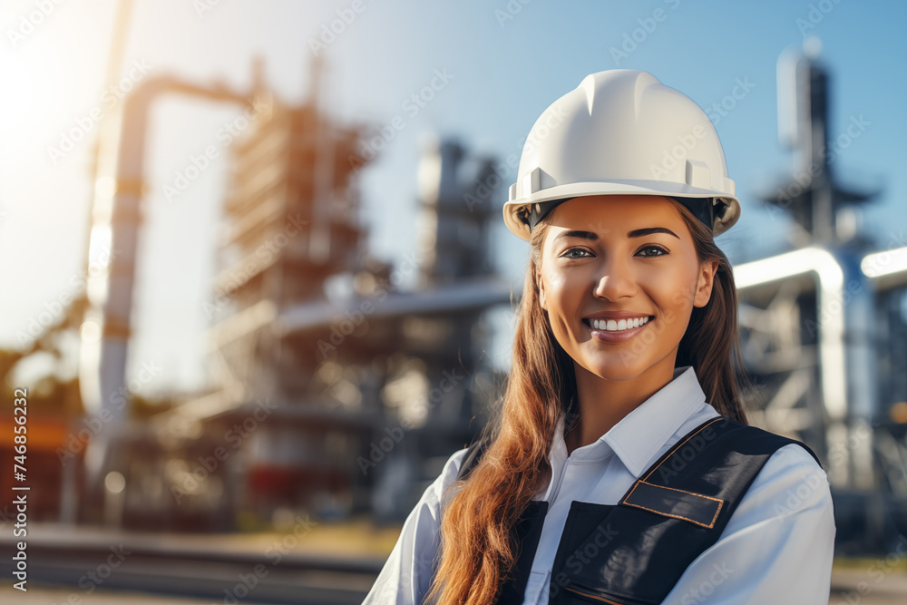 custom made wallpaper toronto digitalPortrait of a smiling female engineer in a white hardhat on a background of oil refinery.