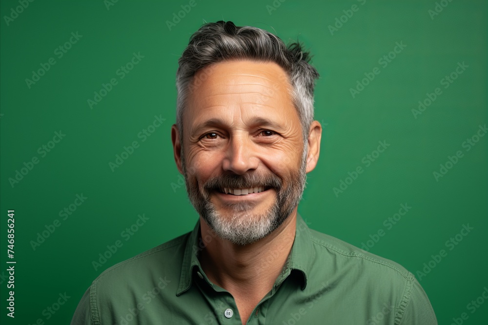 Portrait of a smiling middle-aged man in a green shirt on a green background Portrait of a smiling middle-aged man in a green shirt on a green background